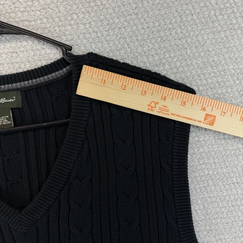 Vintage Eddie Bauer Sweater Vest Mens Large Black Cable Knit V-Neck Preppy‎